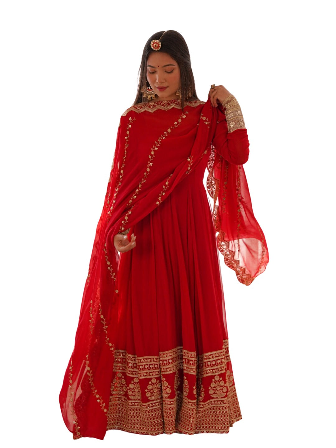 Red Georgette Gown with Sequins and Zari Detailing