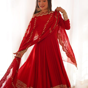 Red Georgette Gown with Sequins and Zari Detailing