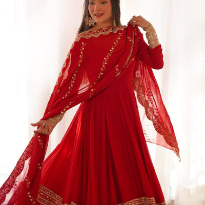 Red Georgette Gown with Sequins and Zari Detailing
