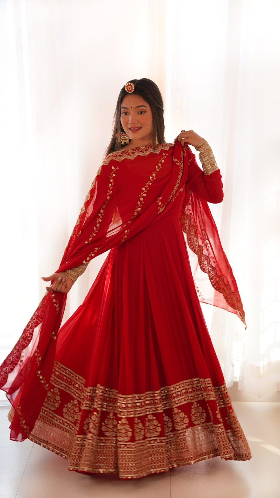 Red Georgette Gown with Sequins and Zari Detailing