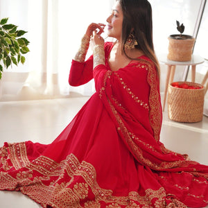 Red Georgette Gown with Sequins and Zari Detailing