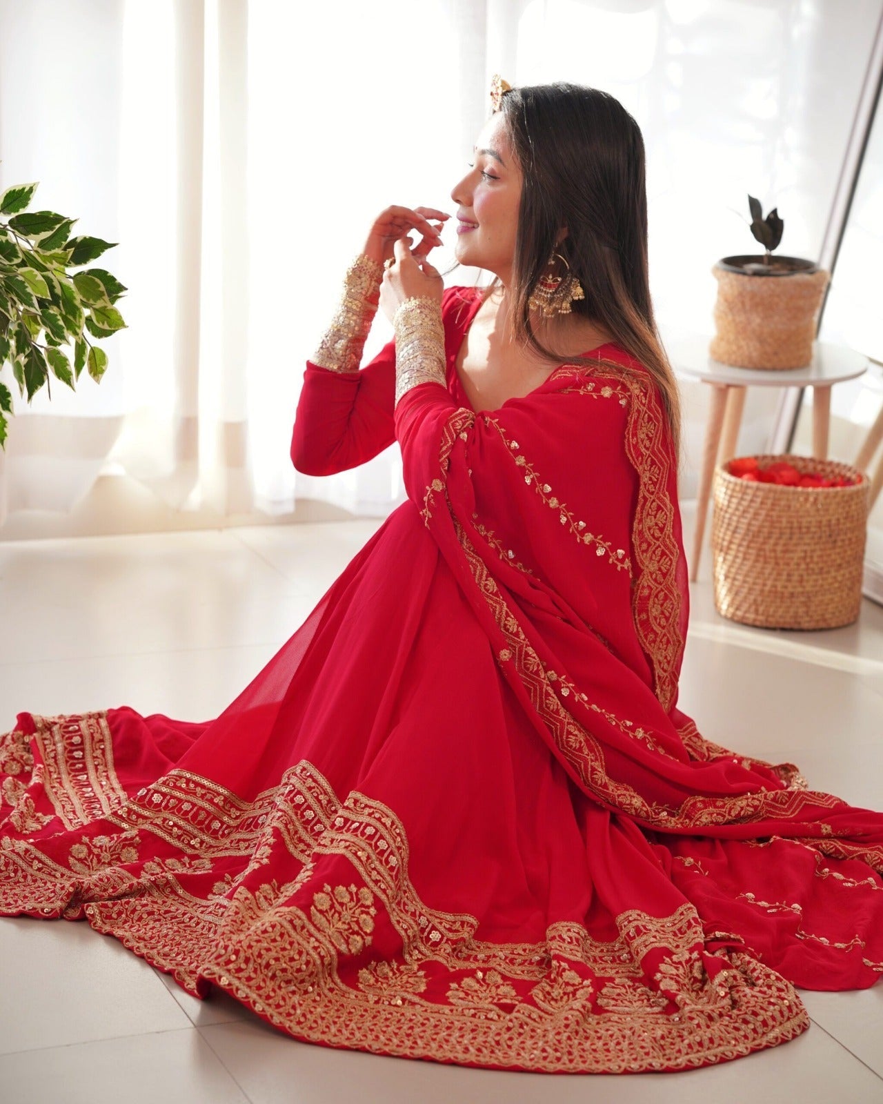 Red Georgette Gown with Sequins and Zari Detailing