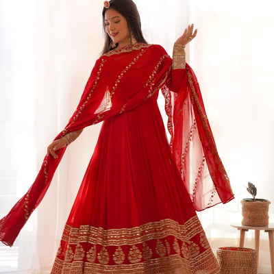 Red Georgette Gown with Sequins and Zari Detailing