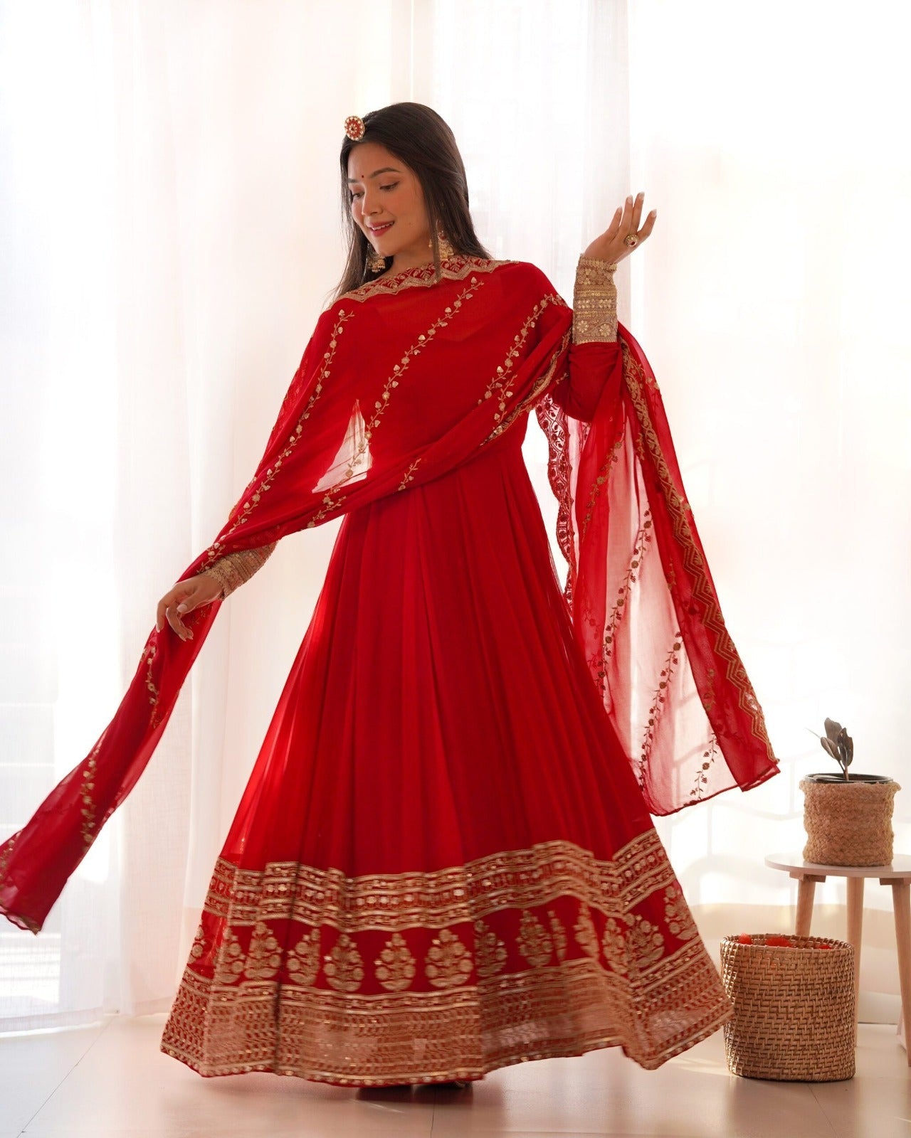 Red Georgette Gown with Sequins and Zari Detailing