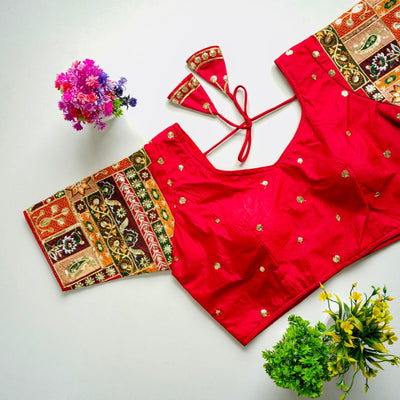 Red Golden Embroidered Seoul Silk Blouse with Sequins