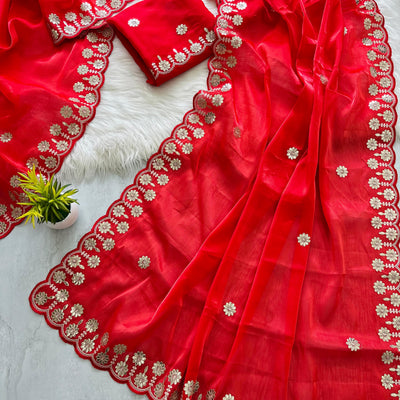 Red Jimmy Choo Saree with Beautiful Jaipuri Gota Work – Complete with Matching Running Blouse