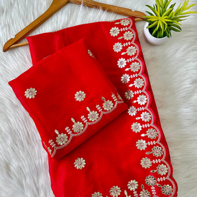 Red Jimmy Choo Saree with Beautiful Jaipuri Gota Work – Complete with Matching Running Blouse