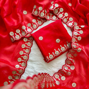 Red Jimmy Choo Saree with Beautiful Jaipuri Gota Work – Complete with Matching Running Blouse