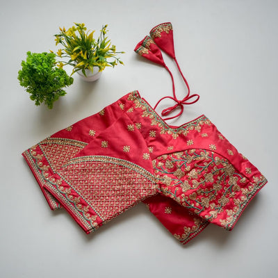 Red Mulmul Silk Blouse with Golden Embroidery and Sequins