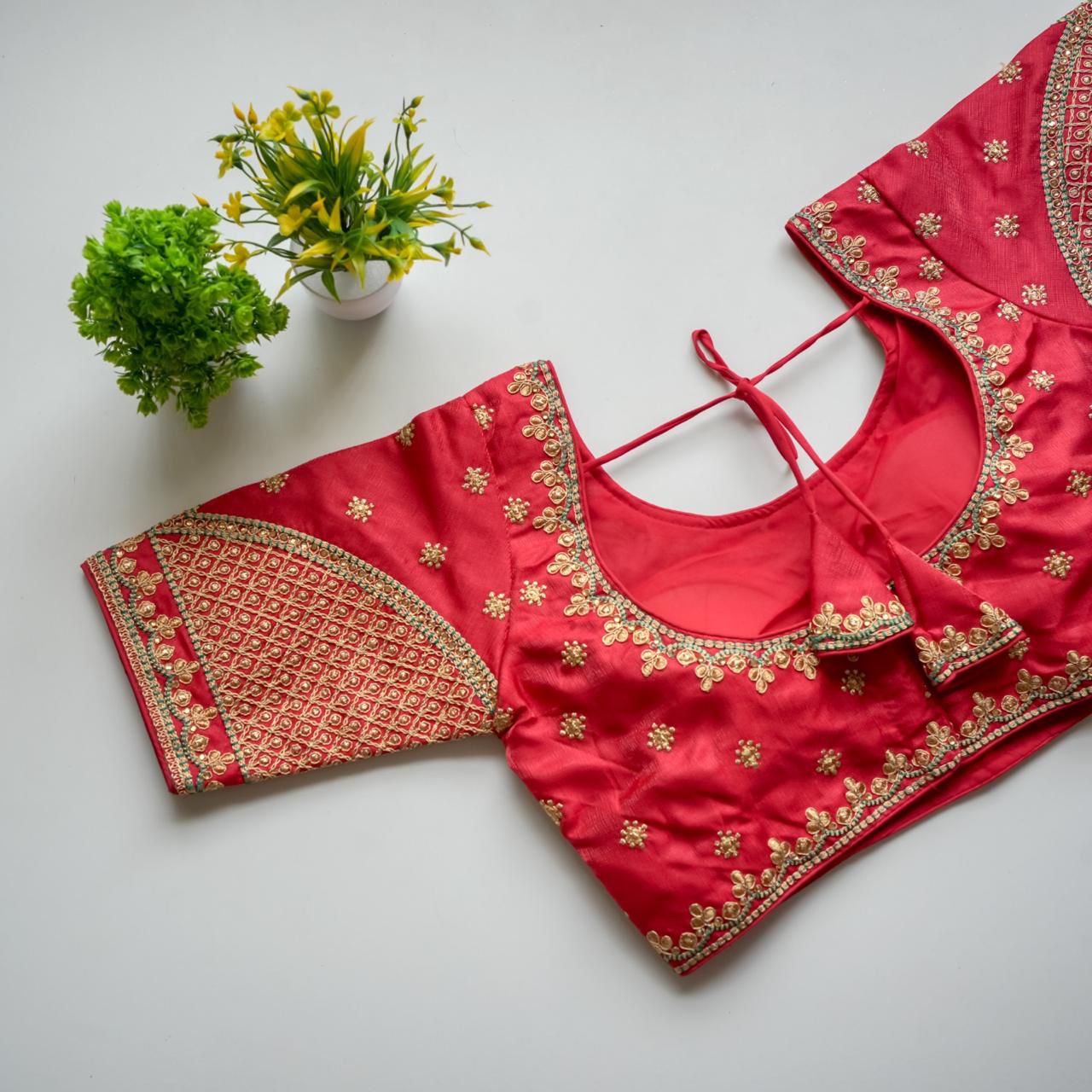 Red Mulmul Silk Blouse with Golden Embroidery and Sequins