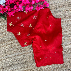 Red Pearl-Embellished german silk Blouse with Handcrafted Golden Work
