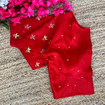 Red Pearl-Embellished german silk Blouse with Handcrafted Golden Work