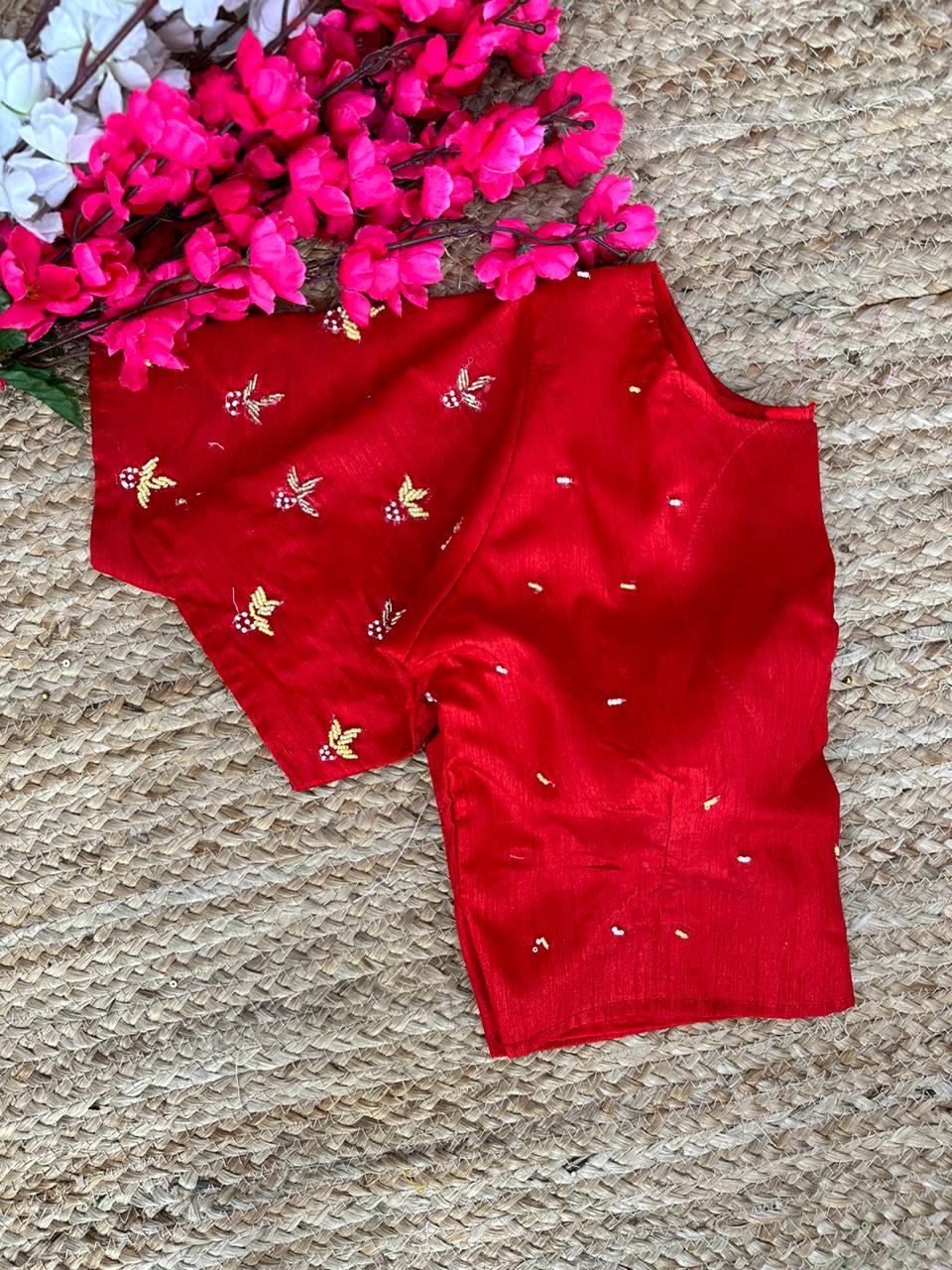 Red Pearl-Embellished german silk Blouse with Handcrafted Golden Work