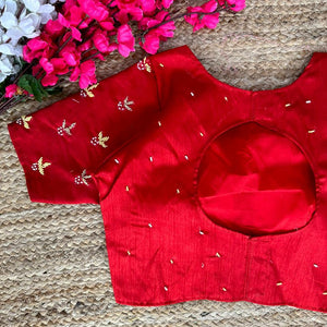 Red Pearl-Embellished german silk Blouse with Handcrafted Golden Work