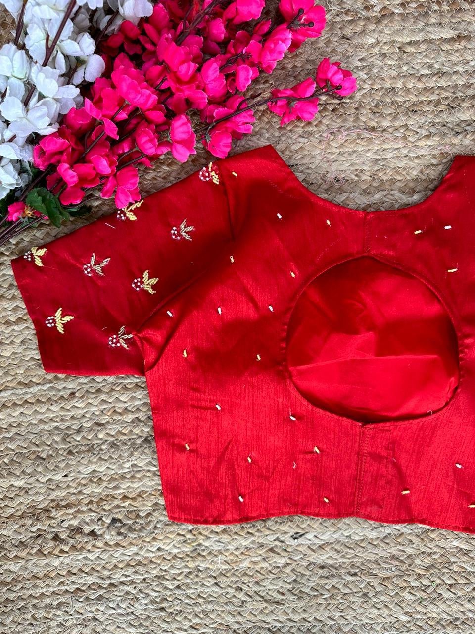 Red Pearl-Embellished german silk Blouse with Handcrafted Golden Work