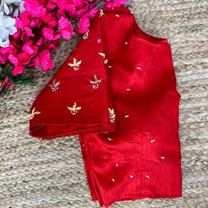 Red Pearl-Embellished german silk Blouse with Handcrafted Golden Work