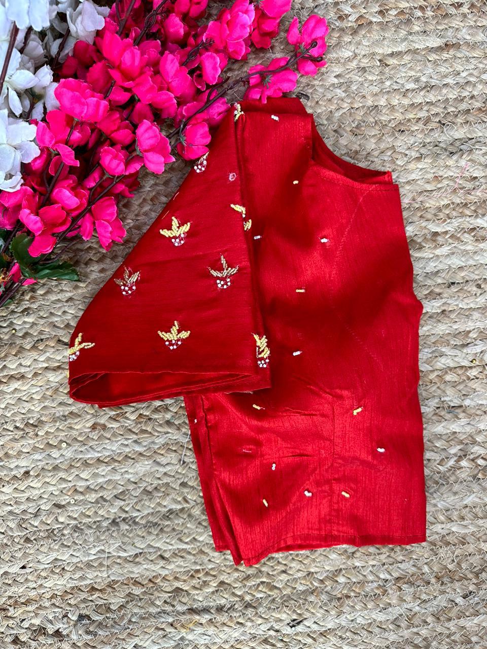 Red Pearl-Embellished german silk Blouse with Handcrafted Golden Work