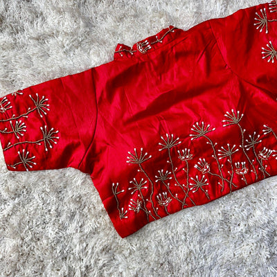 Red Pista Silk Blouse with Handwork and Designer Handcrafted Collar
