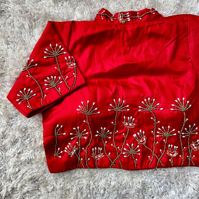 Red Pista Silk Blouse with Handwork and Designer Handcrafted Collar