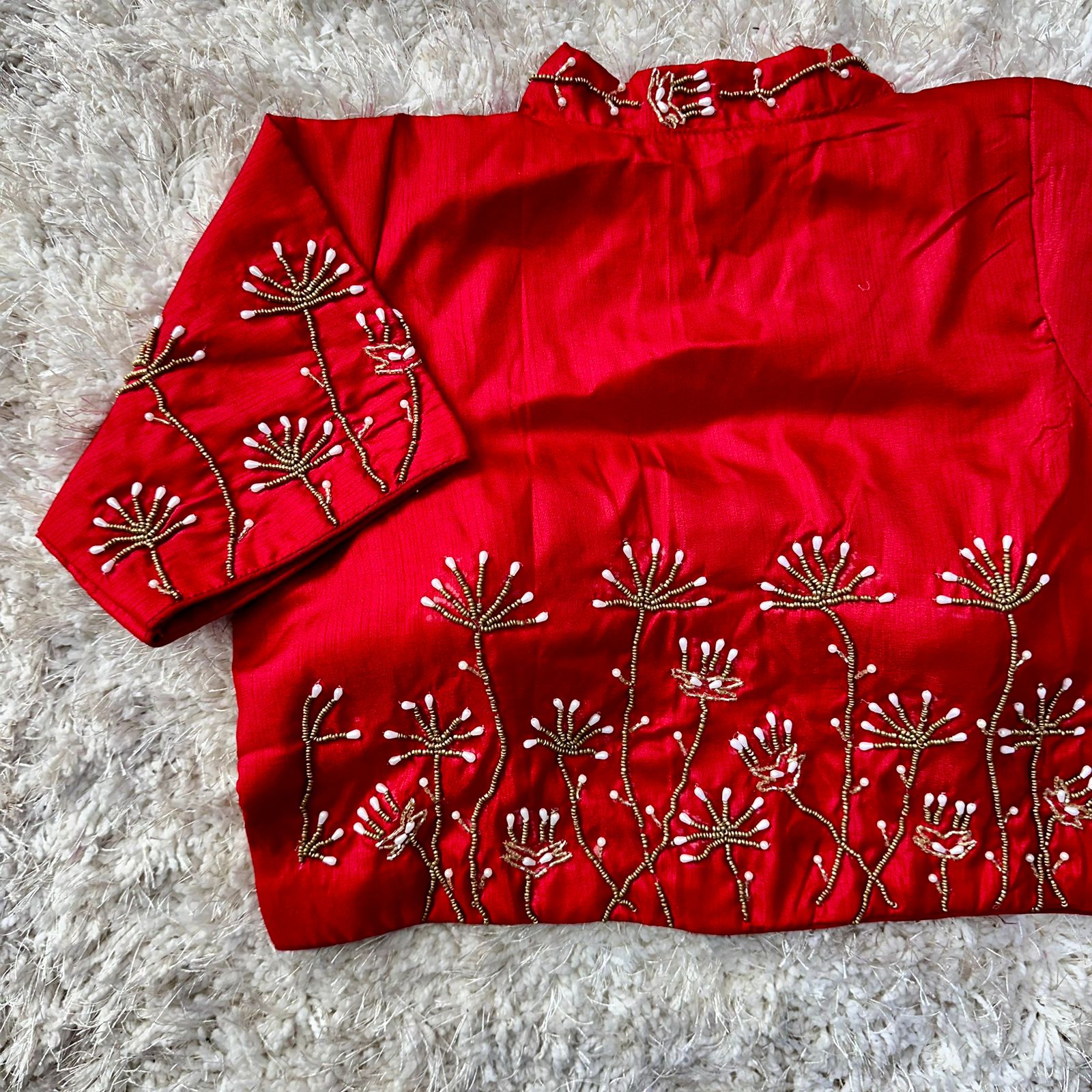 Red Pista Silk Blouse with Handwork and Designer Handcrafted Collar