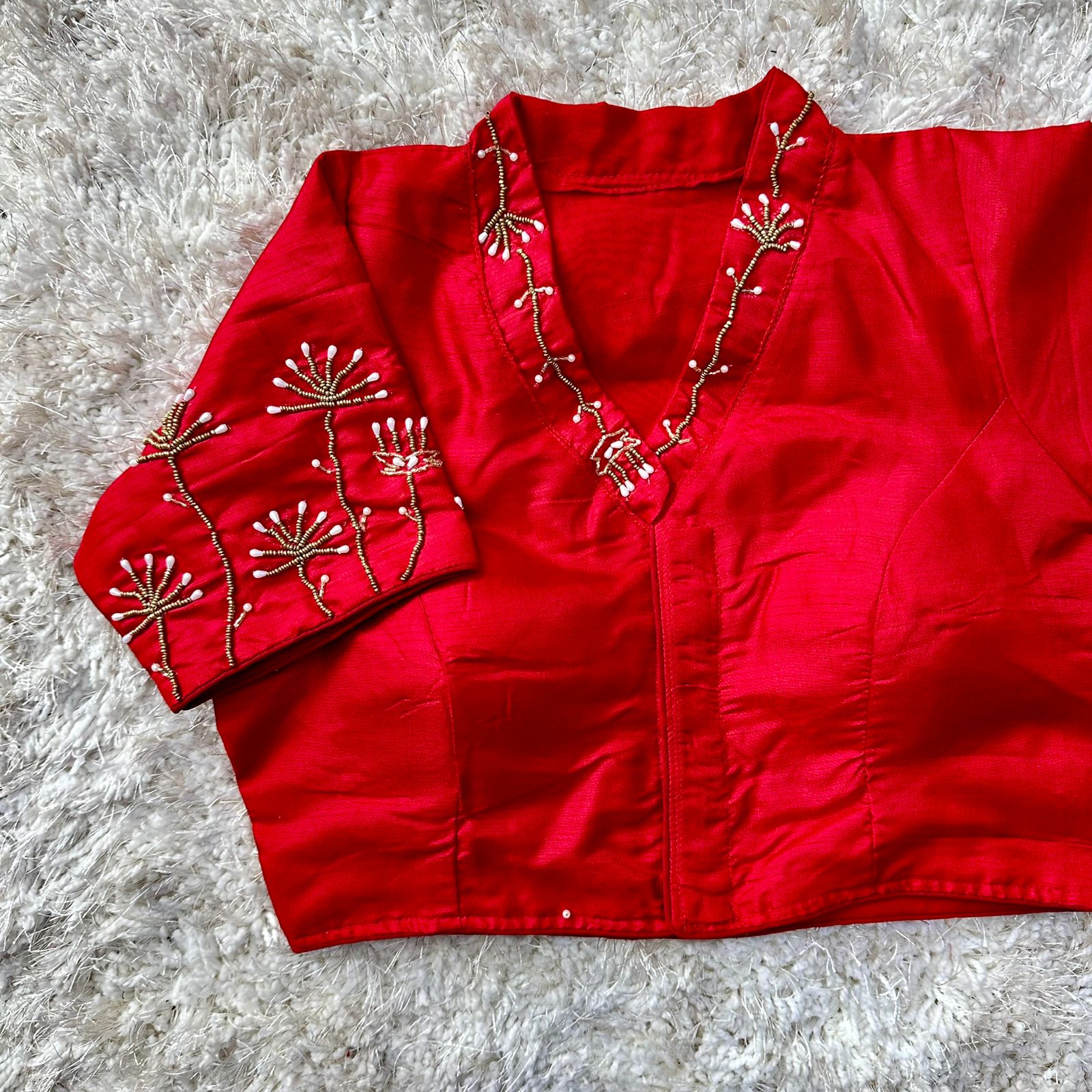 Red Pista Silk Blouse with Handwork and Designer Handcrafted Collar