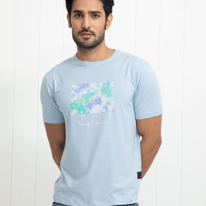 Rare Rabbit Men's Reed Blue Crew Neck Abstract Print With Branding Half Sleeves Slim Fit T-Shirt