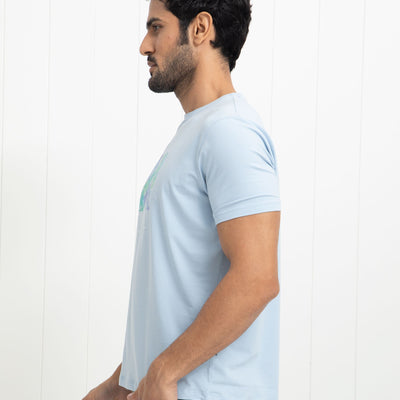 Rare Rabbit Men's Reed Blue Crew Neck Abstract Print With Branding Half Sleeves Slim Fit T-Shirt