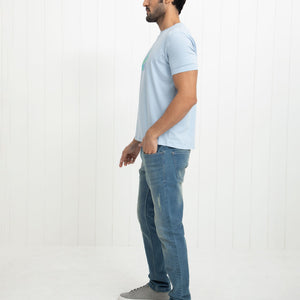 Rare Rabbit Men's Reed Blue Crew Neck Abstract Print With Branding Half Sleeves Slim Fit T-Shirt