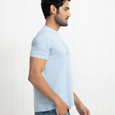 Rare Rabbit Men's Reed Blue Crew Neck Abstract Print With Branding Half Sleeves Slim Fit T-Shirt
