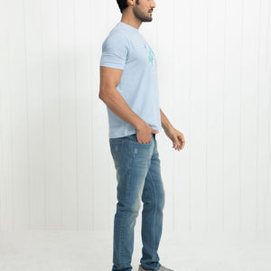 Rare Rabbit Men's Reed Blue Crew Neck Abstract Print With Branding Half Sleeves Slim Fit T-Shirt