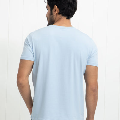 Rare Rabbit Men's Reed Blue Crew Neck Abstract Print With Branding Half Sleeves Slim Fit T-Shirt