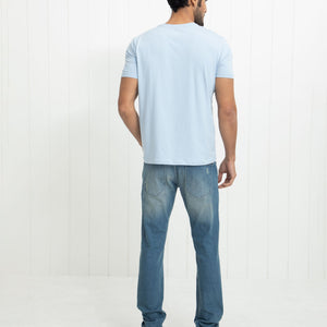 Rare Rabbit Men's Reed Blue Crew Neck Abstract Print With Branding Half Sleeves Slim Fit T-Shirt