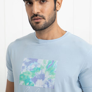 Rare Rabbit Men's Reed Blue Crew Neck Abstract Print With Branding Half Sleeves Slim Fit T-Shirt