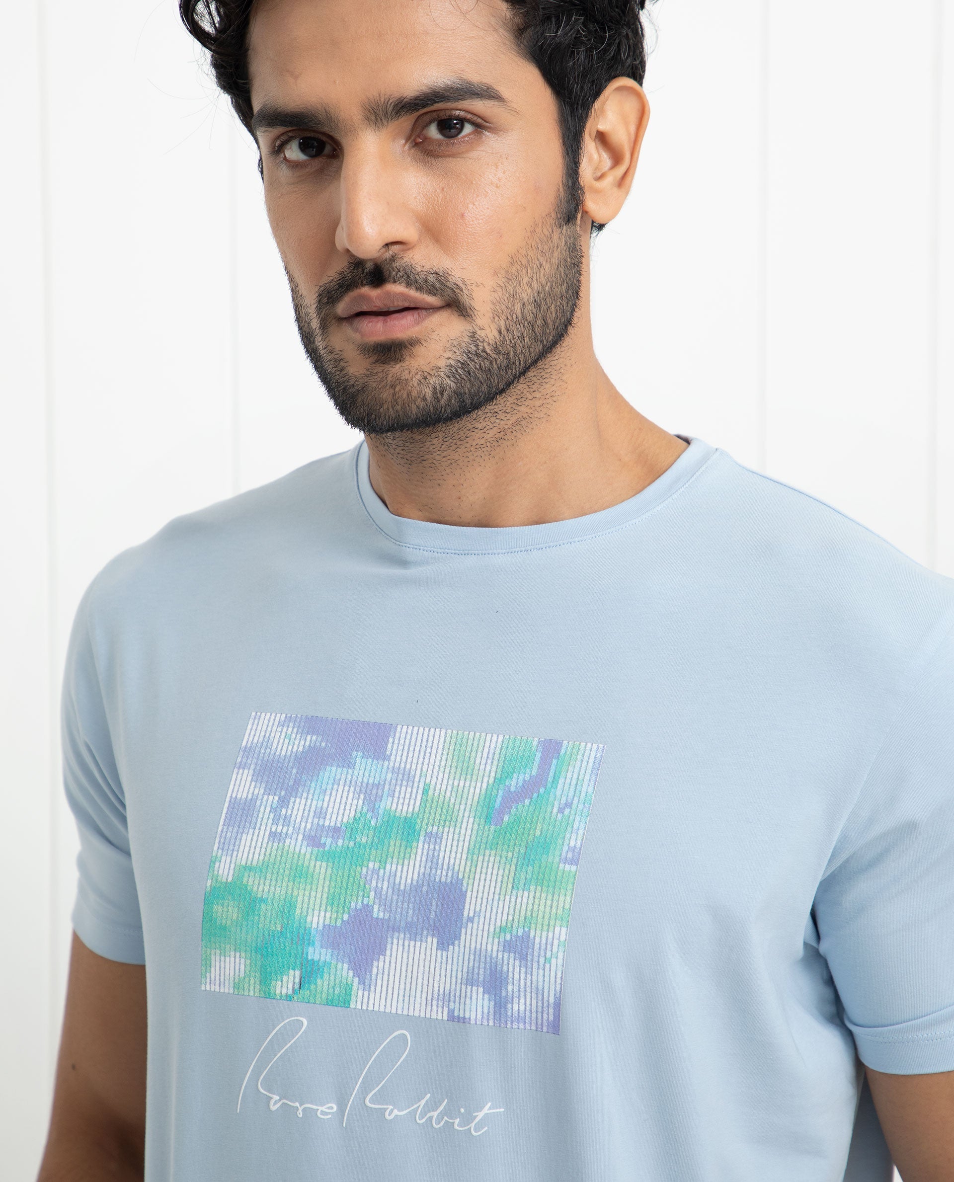 Rare Rabbit Men's Reed Blue Crew Neck Abstract Print With Branding Half Sleeves Slim Fit T-Shirt