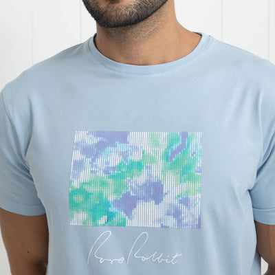 Rare Rabbit Men's Reed Blue Crew Neck Abstract Print With Branding Half Sleeves Slim Fit T-Shirt