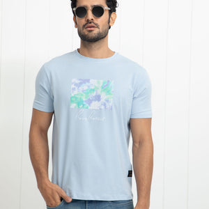 Rare Rabbit Men's Reed Blue Crew Neck Abstract Print With Branding Half Sleeves Slim Fit T-Shirt