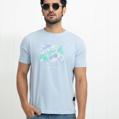 Rare Rabbit Men's Reed Blue Crew Neck Abstract Print With Branding Half Sleeves Slim Fit T-Shirt