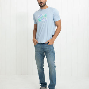 Rare Rabbit Men's Reed Blue Crew Neck Abstract Print With Branding Half Sleeves Slim Fit T-Shirt