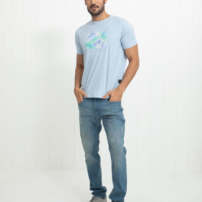 Rare Rabbit Men's Reed Blue Crew Neck Abstract Print With Branding Half Sleeves Slim Fit T-Shirt