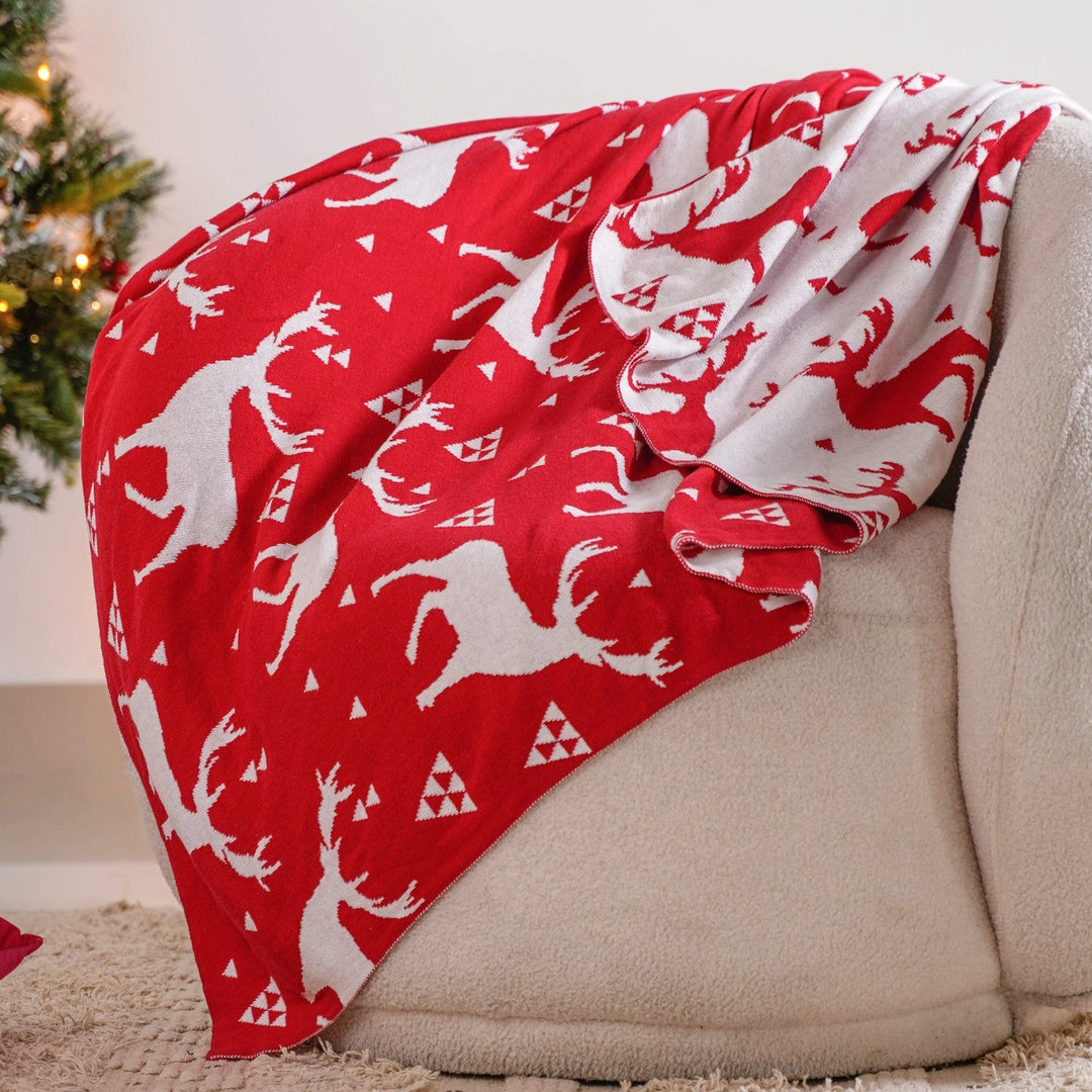 Reindeer Reversible Throw Blanket Red White