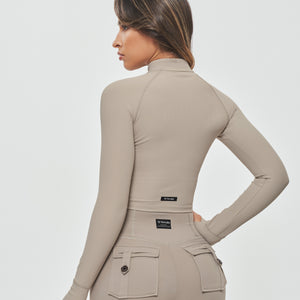 Ribbed Cropped Jacket - Khaki