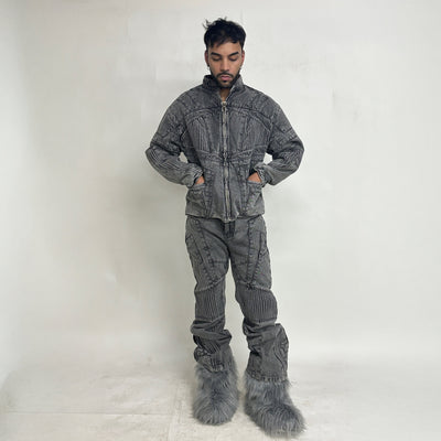 BIKER DENIM JACKET - LIGHT GREY