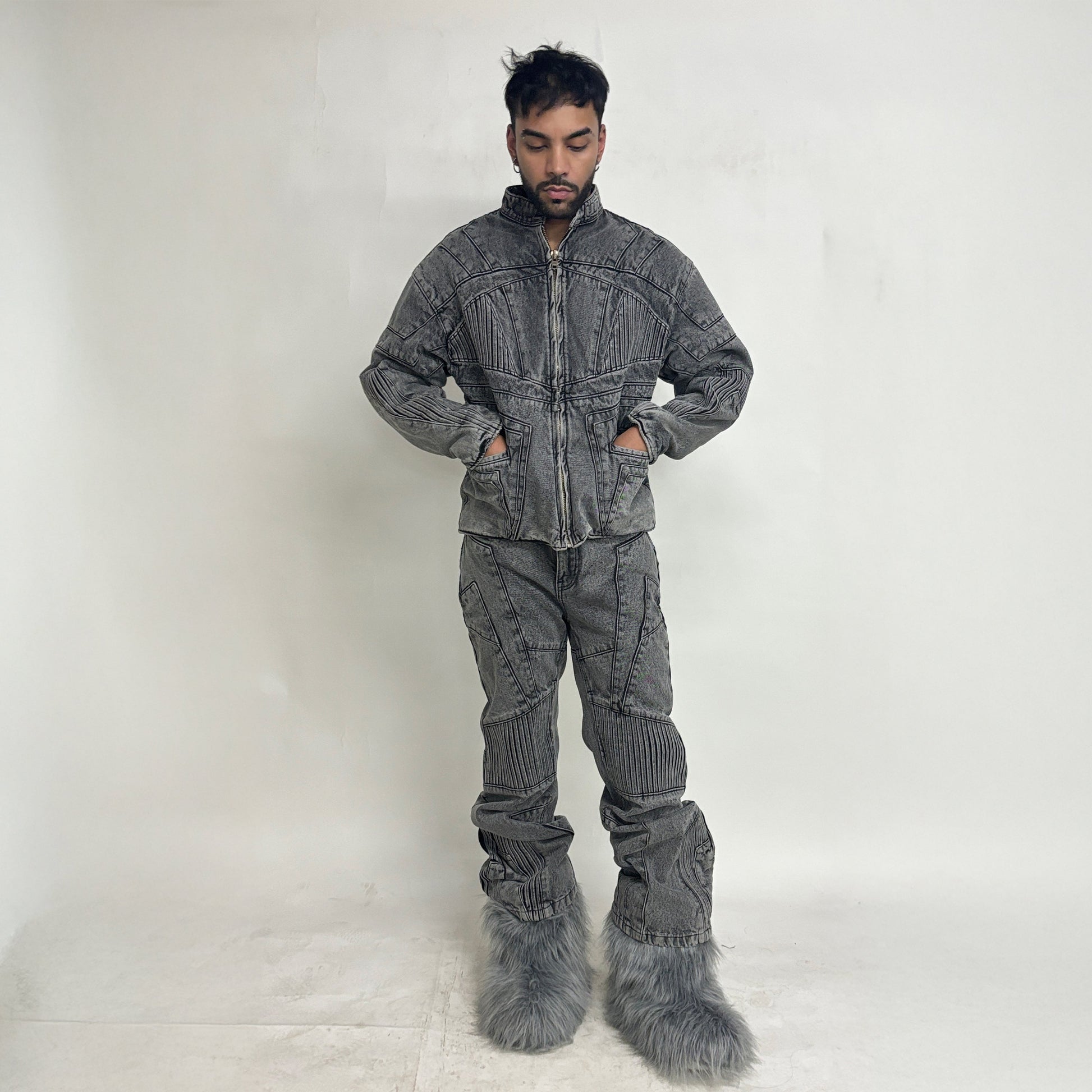 BIKER DENIM JACKET - LIGHT GREY