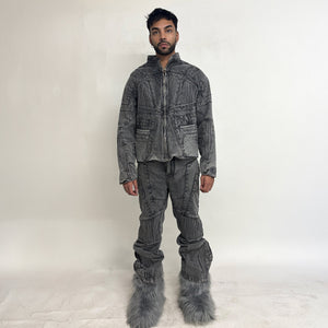BIKER DENIM JACKET - LIGHT GREY