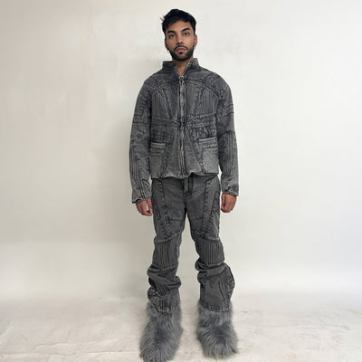 BIKER DENIM JACKET - LIGHT GREY