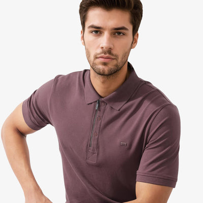 Rare Rabbit Mens Salis-2 Maroon Cotton Fabric Collared Neck Zipper And Snap Button Closure Half Sleeves Polo T-Shirt