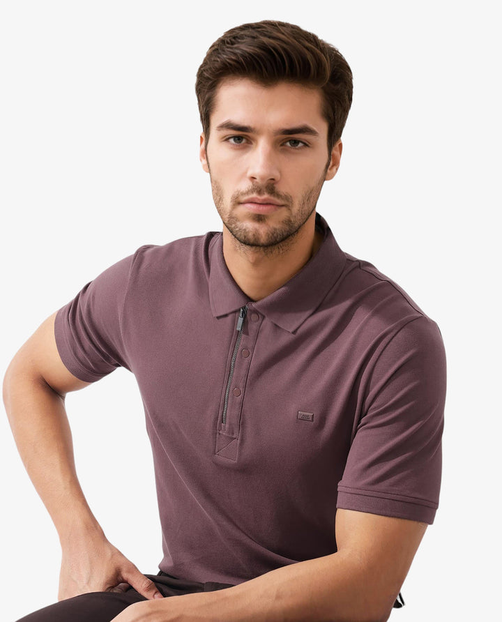 Rare Rabbit Mens Salis-2 Maroon Cotton Fabric Collared Neck Zipper And Snap Button Closure Half Sleeves Polo T-Shirt