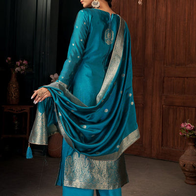 Cyan Blue Unstitched Salwar Suit