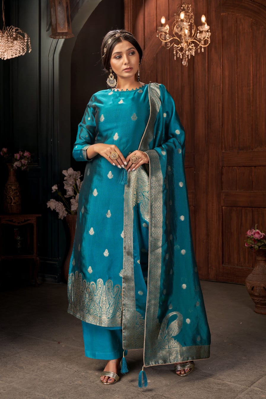 Cyan Blue Unstitched Salwar Suit
