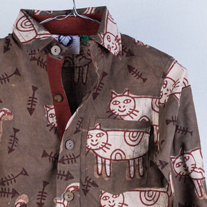 Brown - Block Art Printed Natural Dyed Cotton Kids Full Sleeve Shirt
